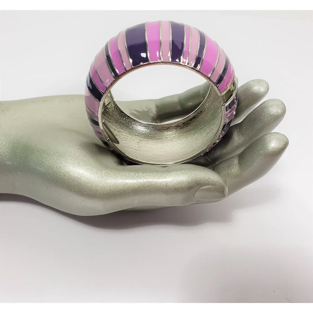 Clamper Cuff Bracelet Silver Tone Pink Purple Metal Chunky Domed 2